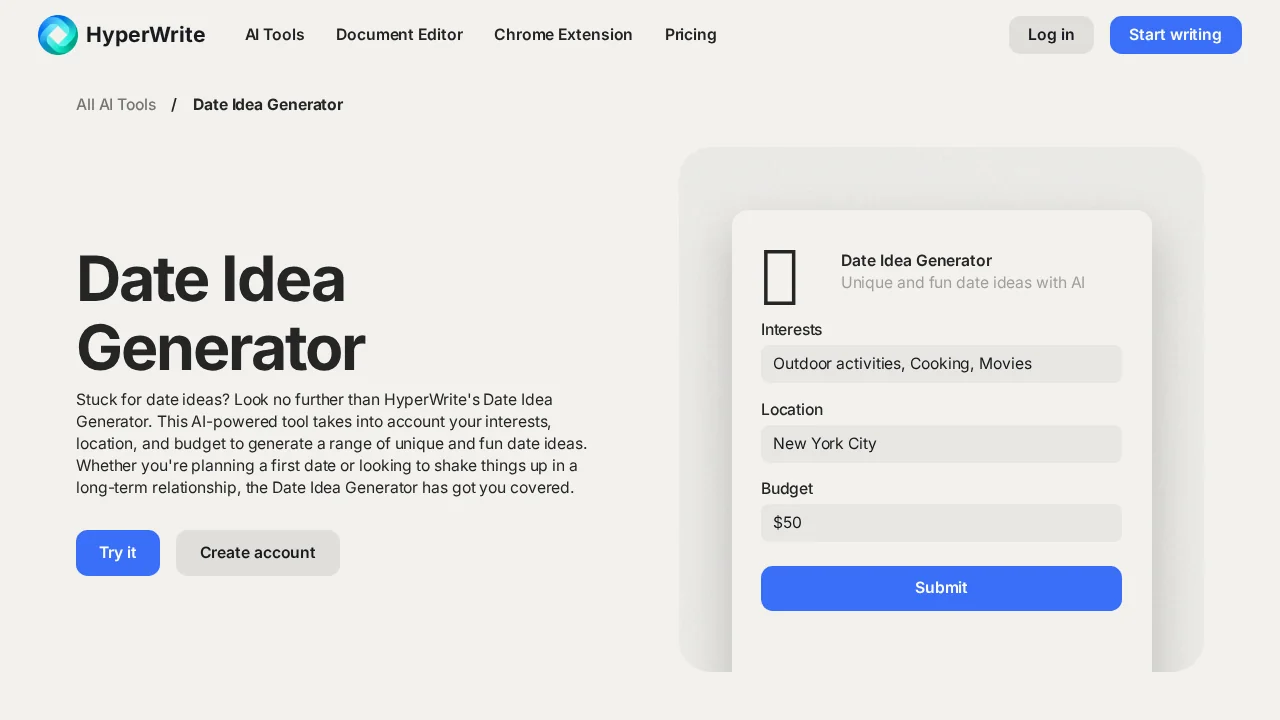 HyperWrite Date Ideas screenshot 1