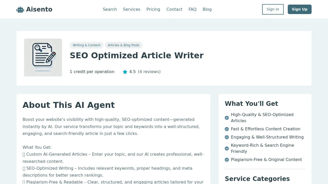 SEO Optimized Article Writer - Aisento screenshot 1